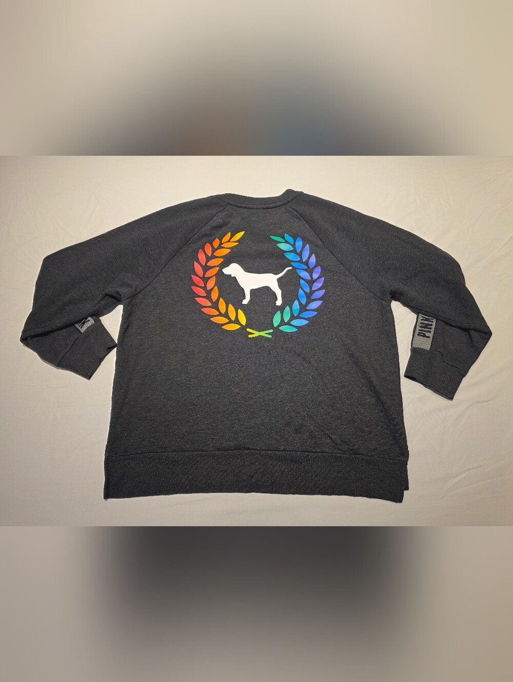Victoria’s Secret "PINK" Gray Crewneck Sz Medium Dog Wreath Rainbow